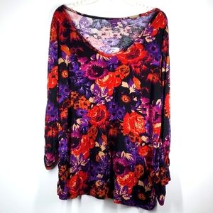 Beverly Drive Floral Blouse Red Purple Boho Tunic Top Long Sleeve Size 2X